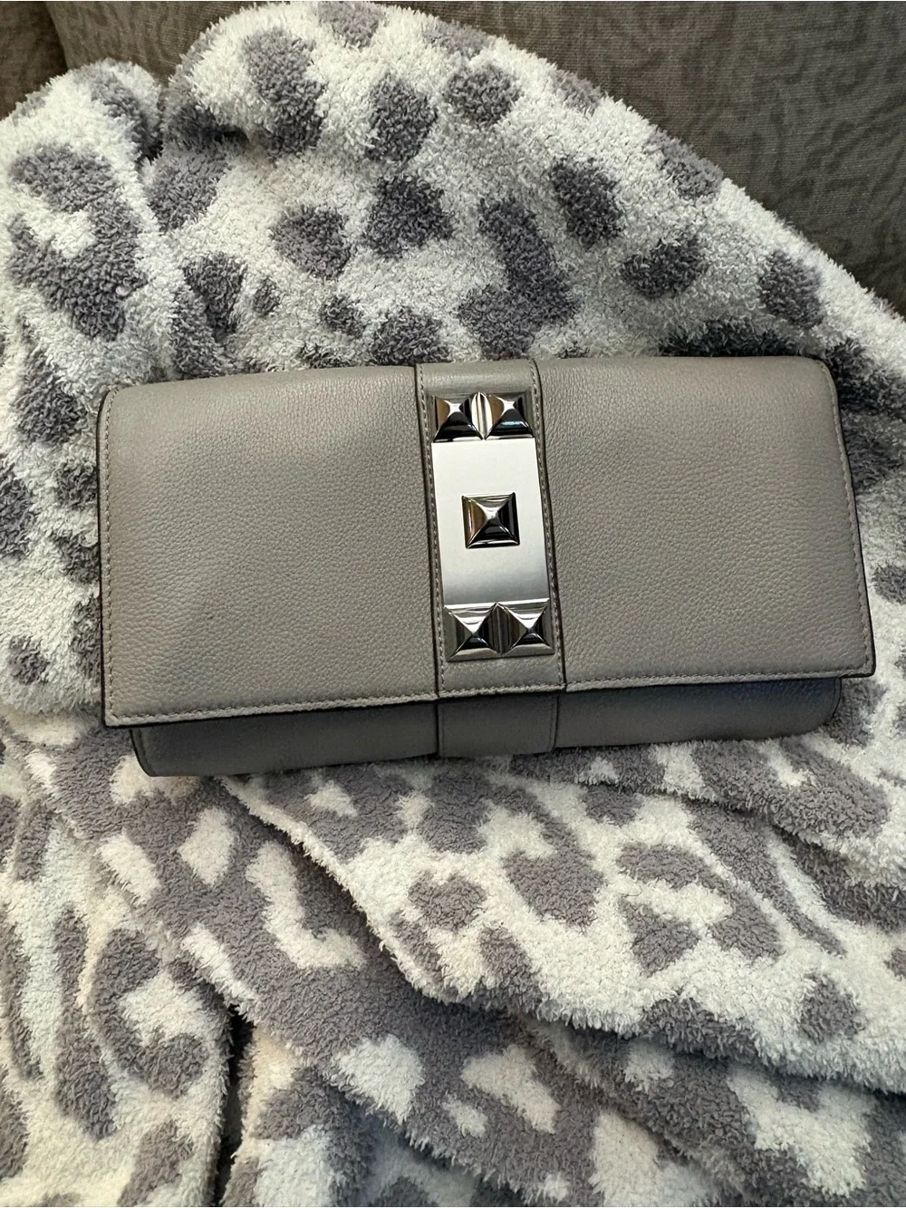 Gray Leather Clutch with Stud Accent